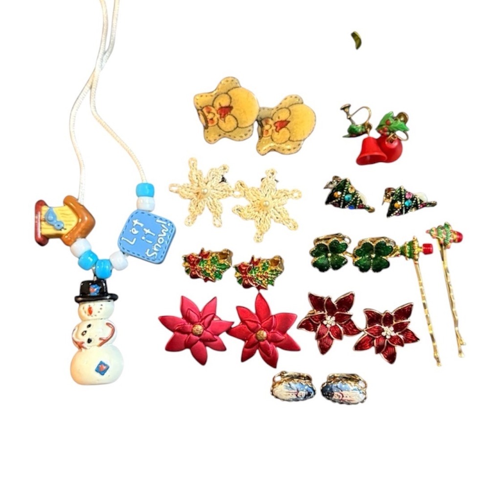 Vintage Christmas Jewelry Lot Snowman Necklace Poinsettia Earrings Hair Pins